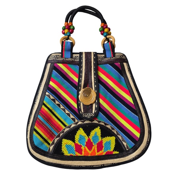 Unbranded Handbags - Boho Woven Straw Striped Tote Bag Multi Color Embroidered Floral Wooden F1